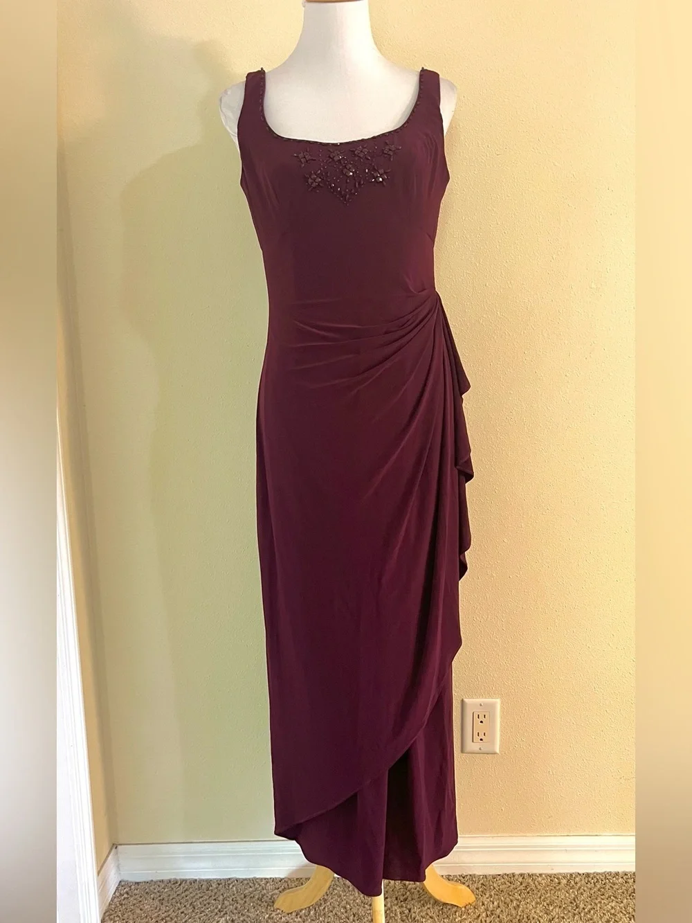 Alex Evenings Wine Burgundy Beaded Two-Piece Evening Gown Waterfall-Ruffle 10